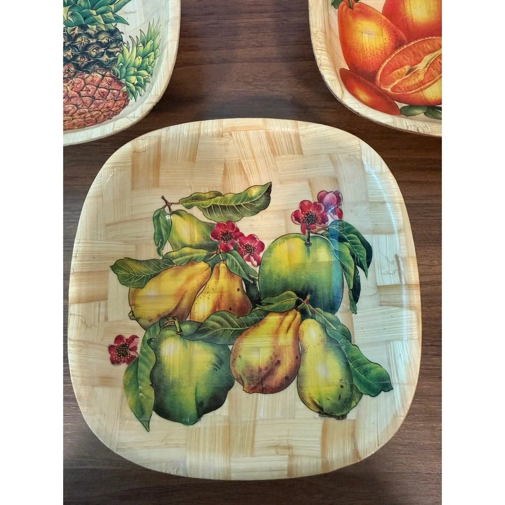 Vintage Set of 3 Bamboo Woven Handpainted Fruit Pear Orange Bowls‎ 6